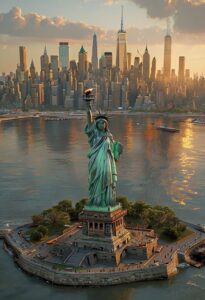 liberty watching over new york’s skyline 🗽🌇✨