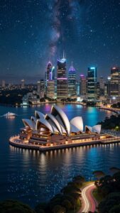 sydney opera house under milky way starry night glow